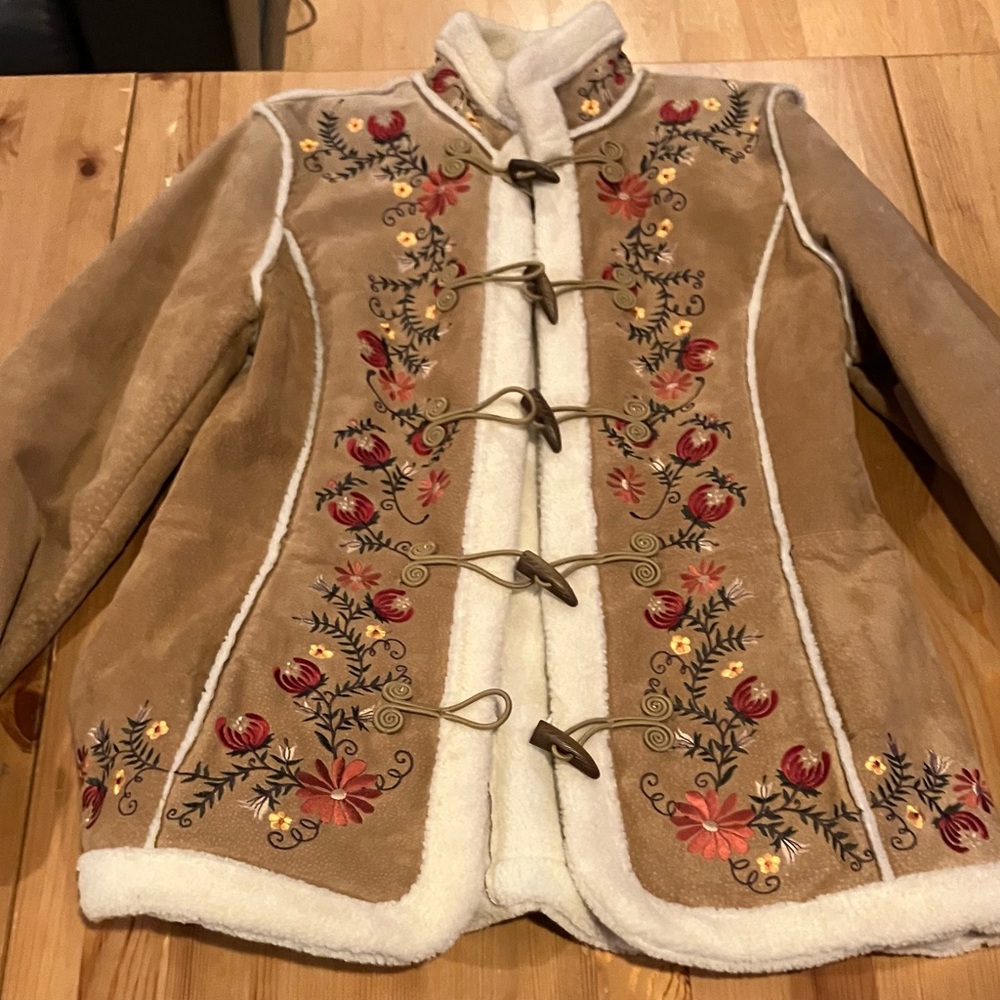St. John's Bay Tan Teddy Jacket with Floral Embroidery